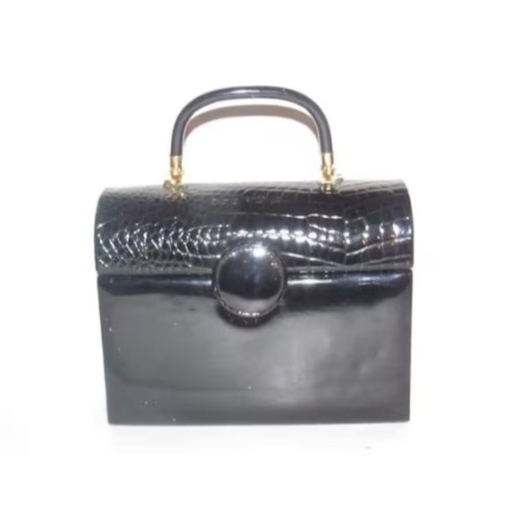 La Regale Vintage Black Lucite and Black Patent Leather Top Handle Bag - Picture 1 of 10